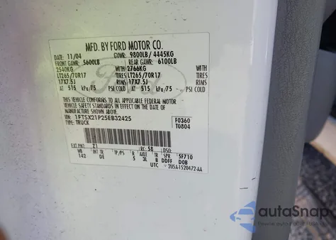 2005 Ford F-250 Lariat/Xl/Xlt из США, поврежденный, VIN 1FTSX21P25EB32425